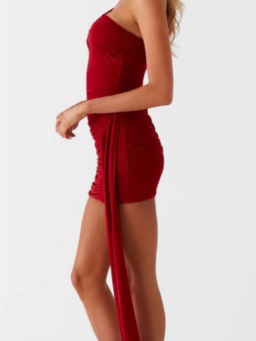 Peppermayo Red Ruched Mini Dress